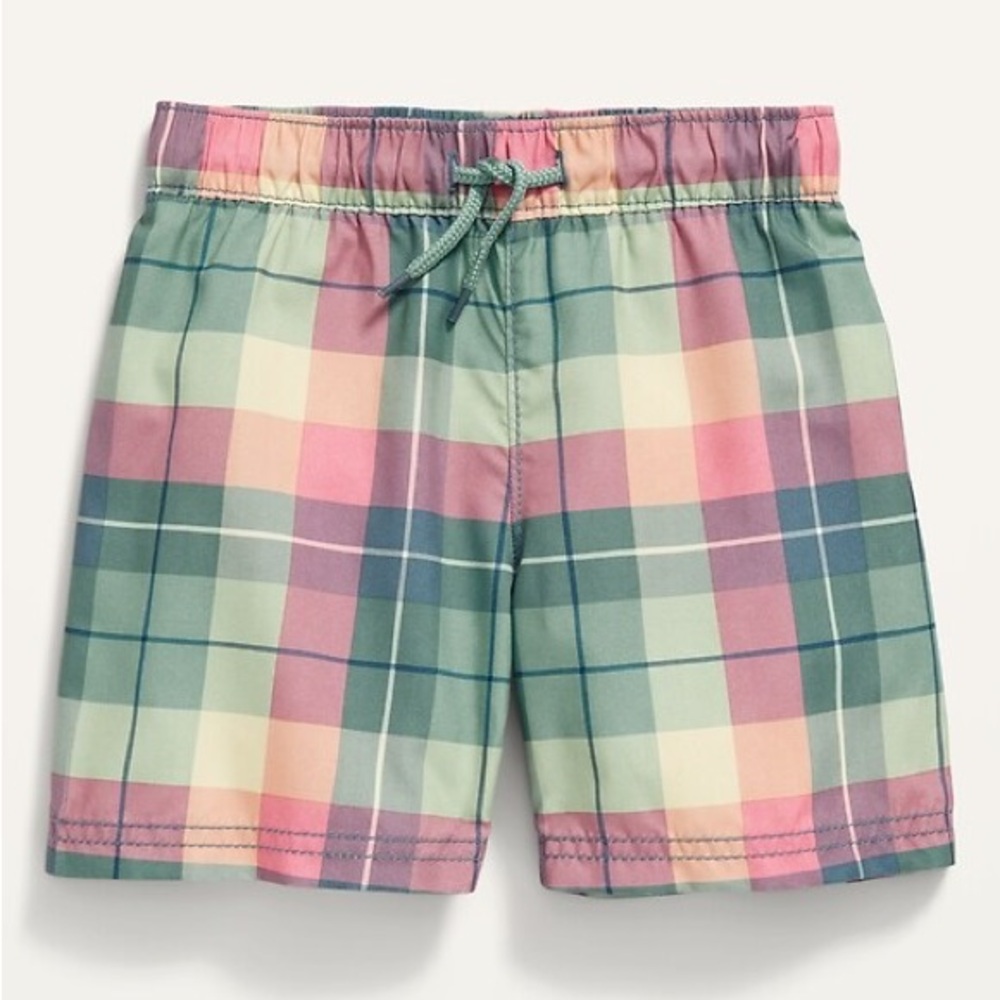Old Navy Kids Plaid Swim Trunks - Pink, Green, Blue